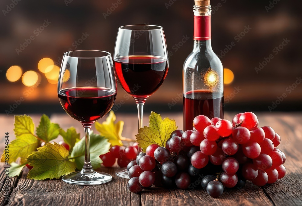 Obraz premium Elegant red wine bottle, glass, and grapes on wood, Pinot Noir, gastronomy