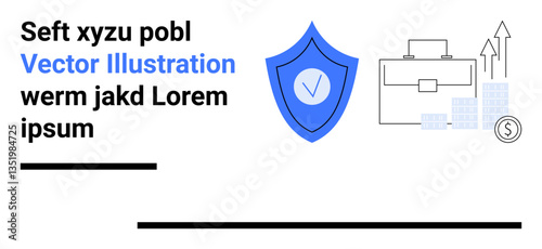 Shield with checkmark beside briefcase, bar chart, and arrows symbolizing growth, success, and data security. Ideal for business protection, strategy, investment, analytics budgeting success