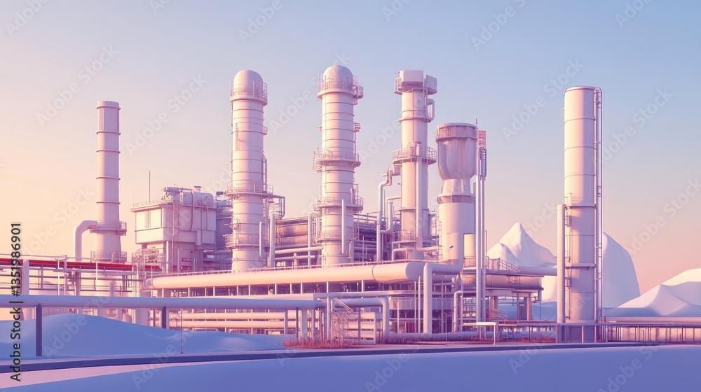 Obraz premium Sunrise over industrial refinery complex, mountain backdrop, energy production