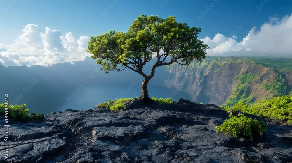 Obraz premium A tree is growing on a rocky mountain top