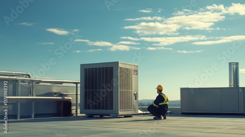 Technician inspecting rooftop HVAC unit, sunny day, industrial background, maintenance