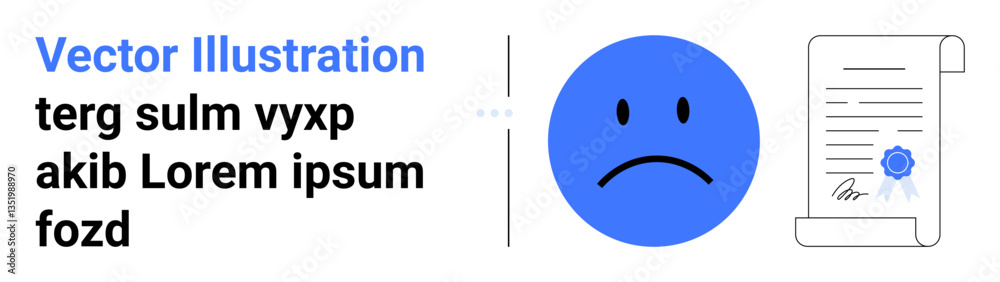 Fototapeta premium Blue sad face next to a signed certified document highlights failure, disapproval, or rejection. Ideal for concepts thumbs up disappointment, feedback, learning experience, evaluation, workplace