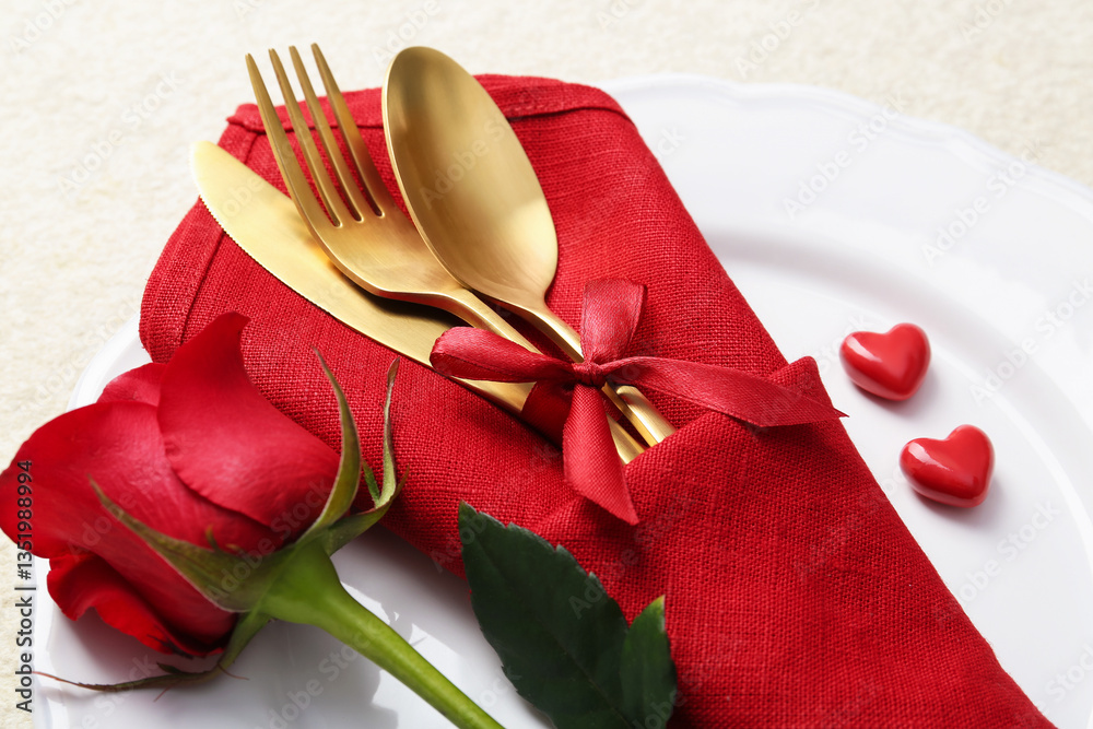 Romantic place setting with red rose on white table, closeup. Valentine's day celebration Romantic place setting with red rose on white table, closeup. Valentine's day celebration