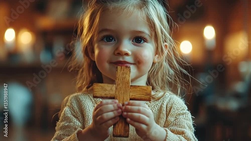 Child holding wooden cross, home, faith, child's faith, photo