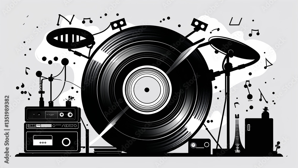 Obraz premium A vinyl record spinning in Black characters and objects on a white background
