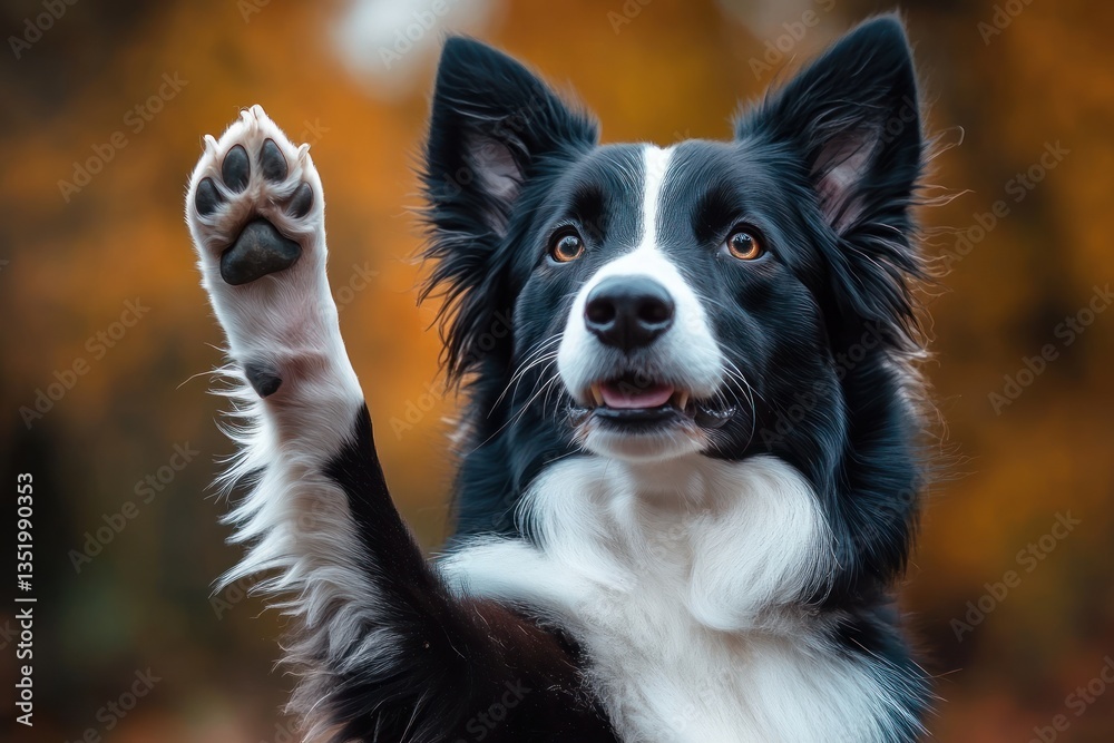 Fototapeta premium Realistic Border Collie Dog Portrait Raising Paw in Autumn Forest