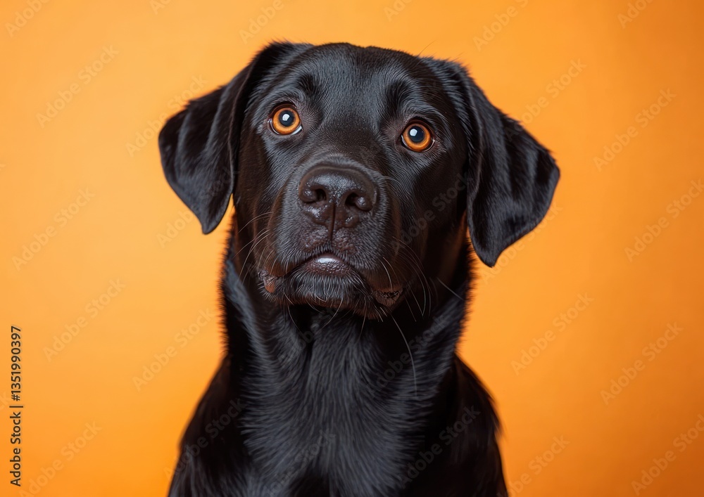 Fototapeta premium black Labrador Retriever portrait with vibrant orange background in studio setting