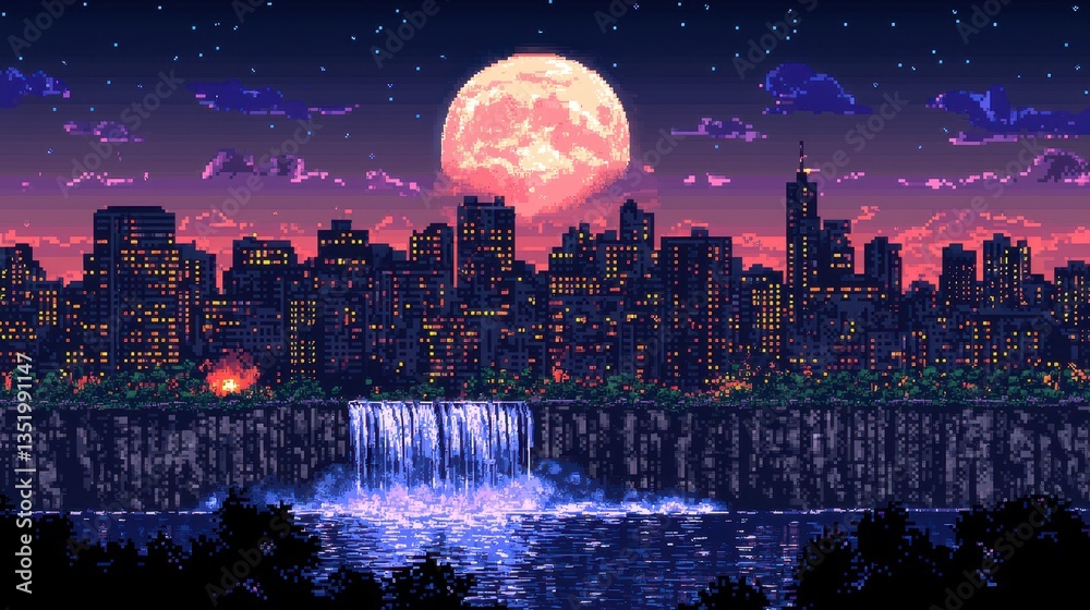 Obraz premium A pixel art world, glowing under the soft light of the moon, teeming with pixelated trees, rocks, and a distant shimmering waterfall, perfect for crafting your next retro game adventure. 