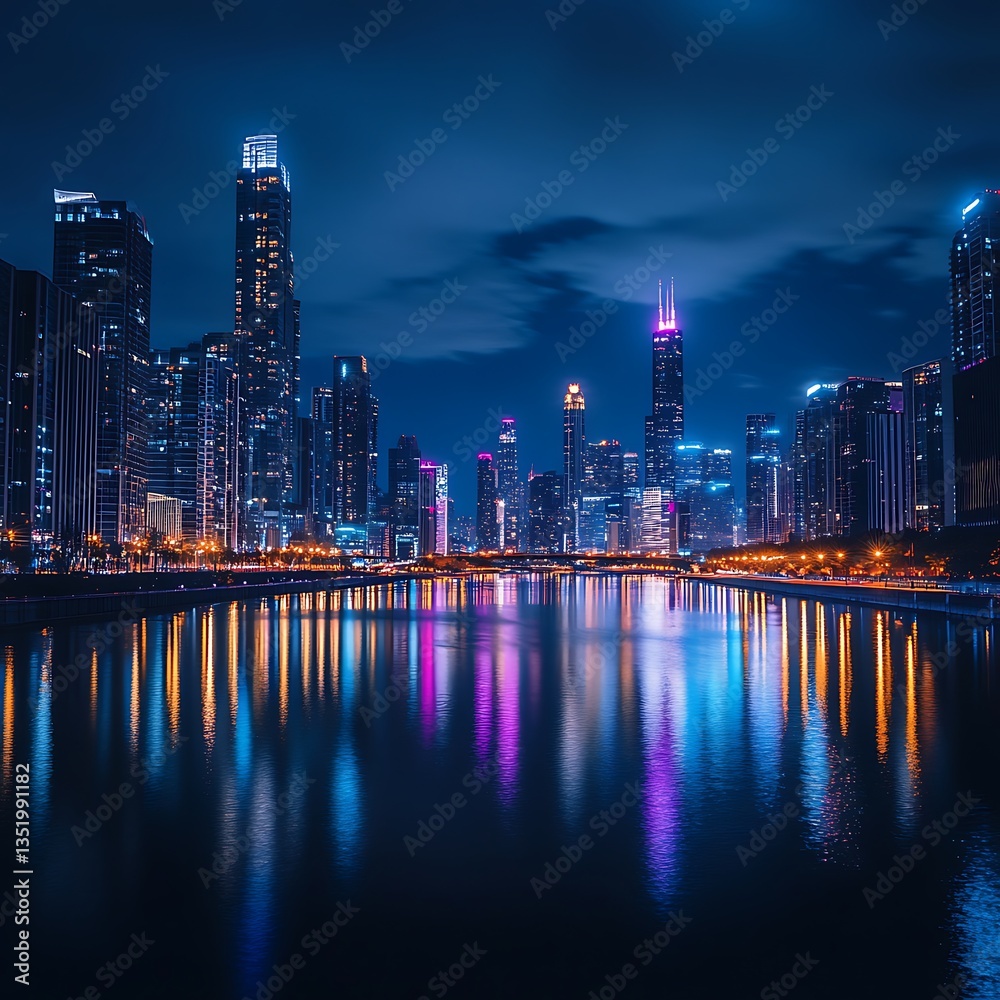 Fototapeta premium Dazzling city skyline sunset reflections glowing over tranquil waterfront image