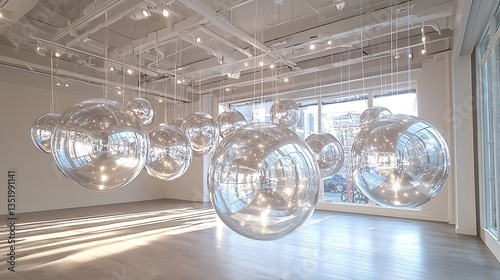 Reflective spheres suspended in modern gallery space.