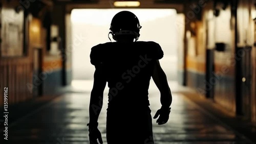 Silhouette of a man leader, echoes of solitude: an American football player's tunnel moment