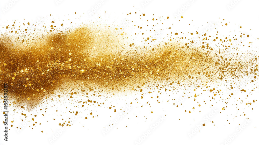 A burst of golden glitter dust scattered across a white background creating a festive effect A burst of golden glitter dust scattered across a white background creating a festive effect