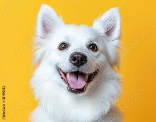 fluffy white dog with joyful expression in studio portrait on yellow background