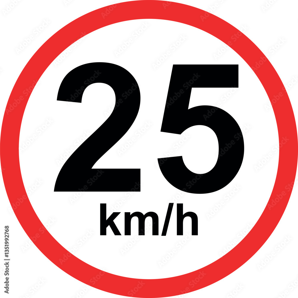 Speed limit traffic sign showing 25 km/h restriction in red circle isolated on white background Speed limit traffic sign showing 25 km/h restriction in red circle isolated on white background