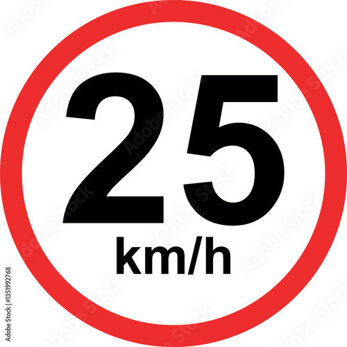 Speed limit traffic sign showing 25 km/h restriction in red circle isolated on white background