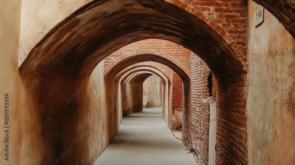 Naklejka premium Aged Brick Archway Pathway: A Tunnel of Earthy Tones