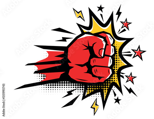 Explosive blow fist, strong punch drawn in comic style. Fist punching, hit strong fist. Vector on transparent background