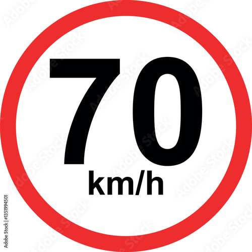 Speed limit traffic sign showing 70 km/h restriction in red circle isolated on white background