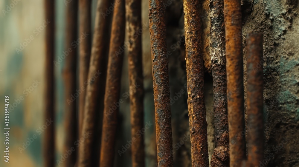 Fototapeta premium Rusty rebar wall, urban decay, texture