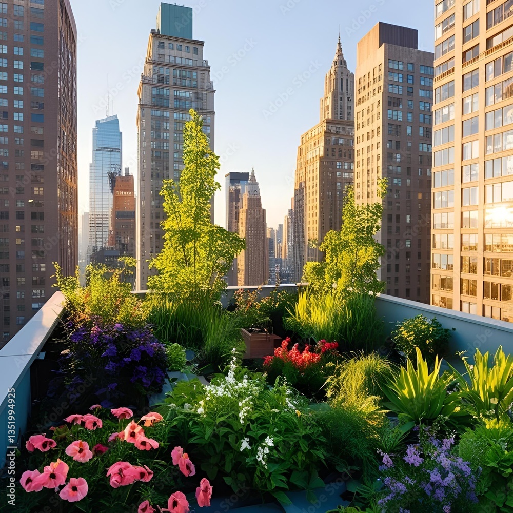 Fototapeta premium A serene rooftop garden nestled amidst the urban skyline.