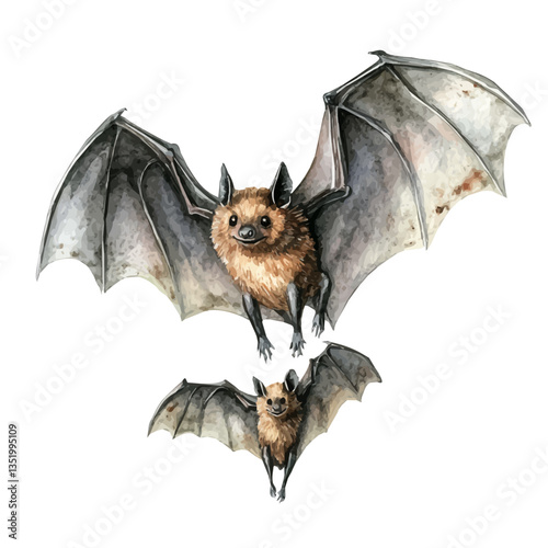 A Mother Bat With Her Kid, watercolor illustration, isolated on a white background.