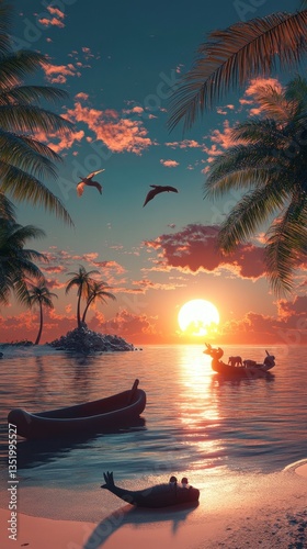 A beautiful ocean sunset scene with palm trees and boats