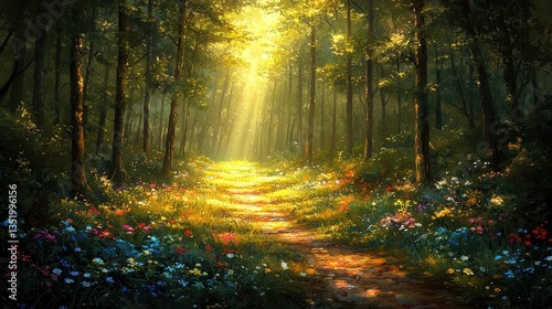 A vibrant forest, its trees reaching high into the sky, where the ground is covered in rich green grass and colorful flowers. Sunlight filters through the canopy, casting dappled shadows on 