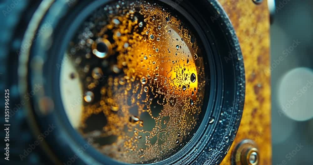 Rusty camera lens with water droplets reflecting sunset. Outdoor view. Possible use for photography stock