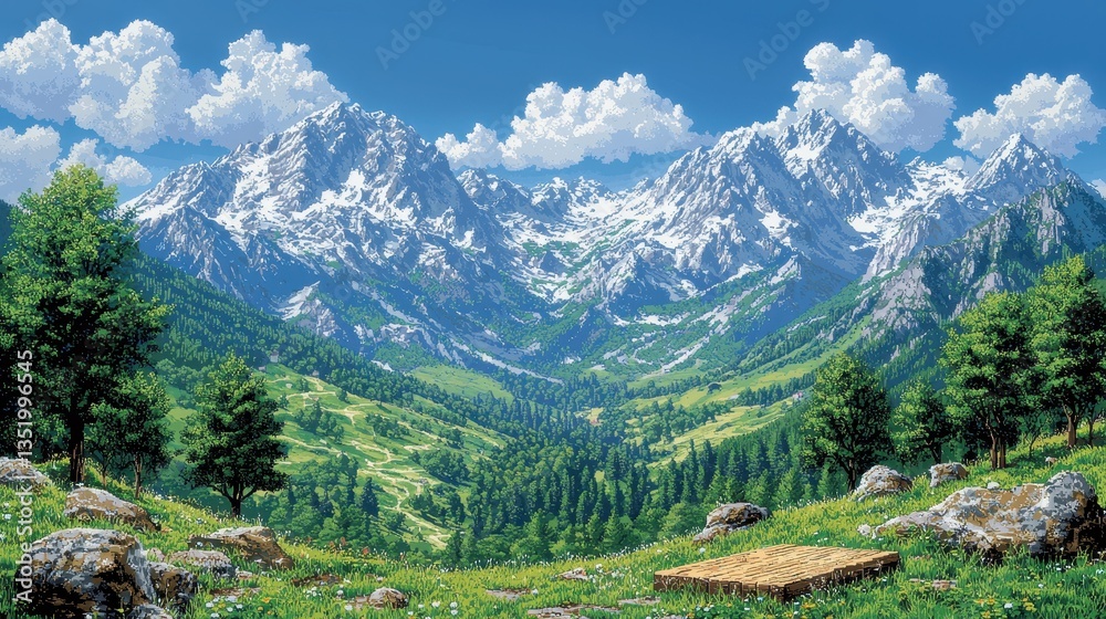 Fototapeta premium A vibrant pixel art arcade scene unfolds, featuring a lush forest teeming with pixelated trees and bushes against a retro 8-bit sky. A pixelated board and stones add depth, while a vibrant green 