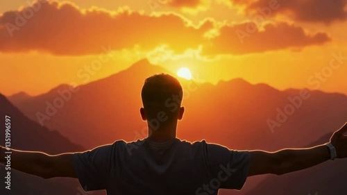 silhouette of  man rise hand up on top of mountain and sunset sky abstract background. Freedom and travel adventure concept.