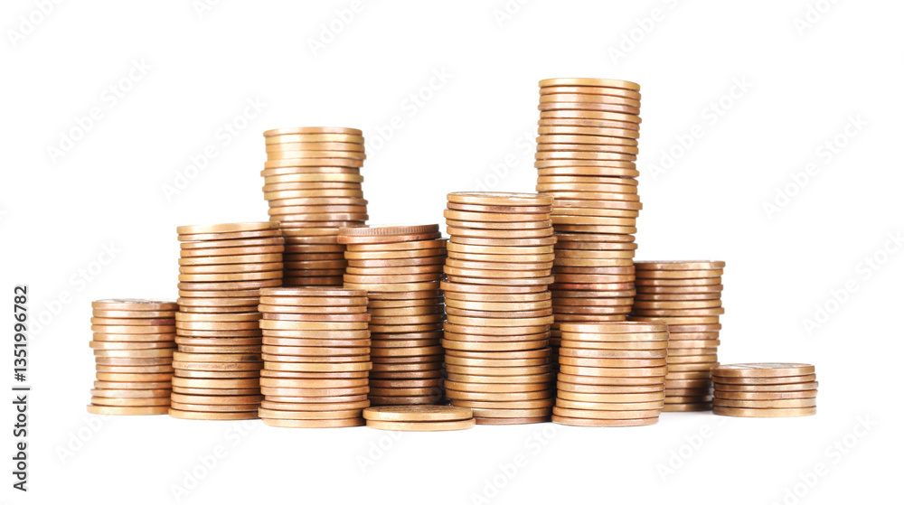 Stacks of different coins isolated on white Stacks of different coins isolated on white
