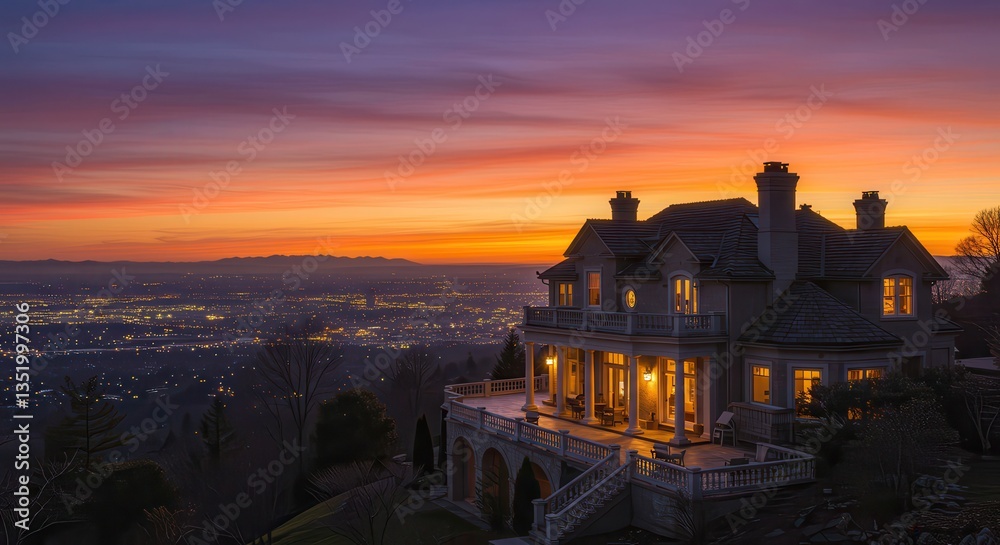 Obraz premium Home Overlooking City Lights and Sunset with Colorful Evening Sky