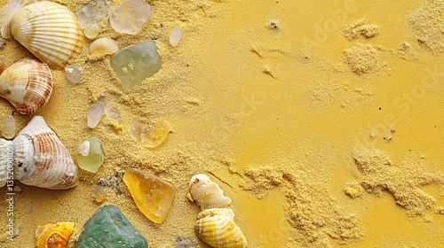 Seashells and sea glass on yellow sand beach; summer vacation background