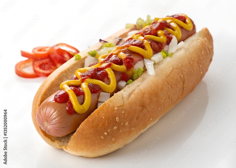 Appetizing hot dog, sausage with ketchup and mustard, fresh vegetables. Delicious snack, snack, lunch. Side view fast food delicious hotdog isolated on white background with sausage and mustard. Appetizing hot dog, sausage with ketchup and mustard, fresh vegetables. Delicious snack, snack, lunch. Side view fast food delicious hotdog isolated on white background with sausage and mustard.