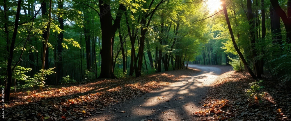 Obraz premium Sun-dappled forest path, leaves scattered on the ground, orange, green