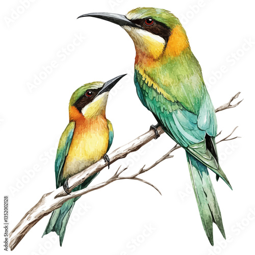 A watercolor vector painting of a mother bee-eater with her kid, isolated on a white background.

