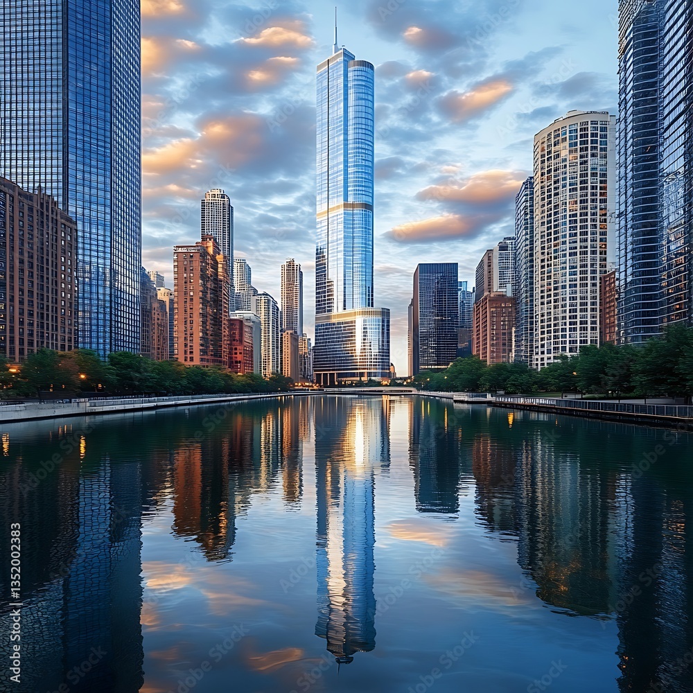 Fototapeta premium Stunning urban sunset hues mirrored on still waterfront image