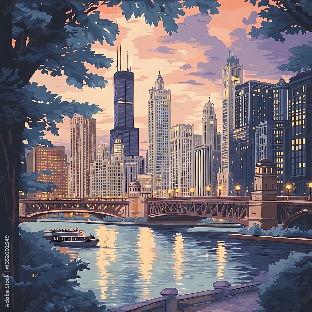 Fototapeta premium Sunset lit skyscrapers mirrored on glassy waterfront scenery image