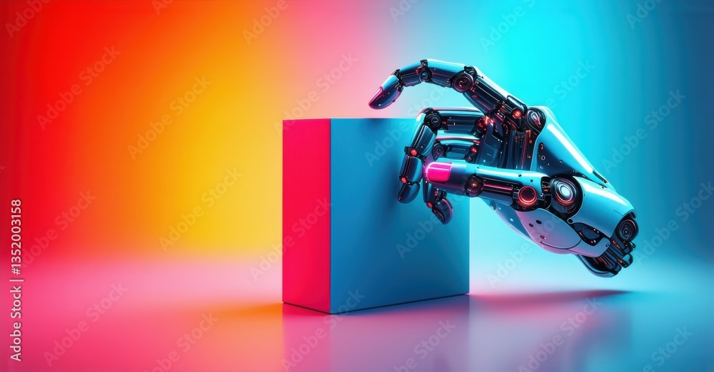 Naklejka premium Futuristic neon red and cyan ai powered image generator with robotic hand painting on canvas flat three dimensional glossy style round square shape modern app icon featuring