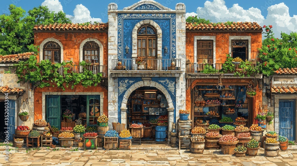 Fototapeta premium A bustling digital marketplace, where pixelated vendors sell everything from glowing crystals to exotic fruits. The vibrant colors of their wares contrast with the dusty, retro backdrop of an