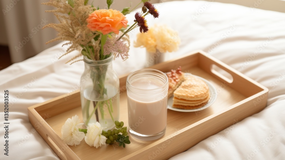 A tray with a glass of milk, a plate of cookies, and a vase of flowers A tray with a glass of milk, a plate of cookies, and a vase of flowers