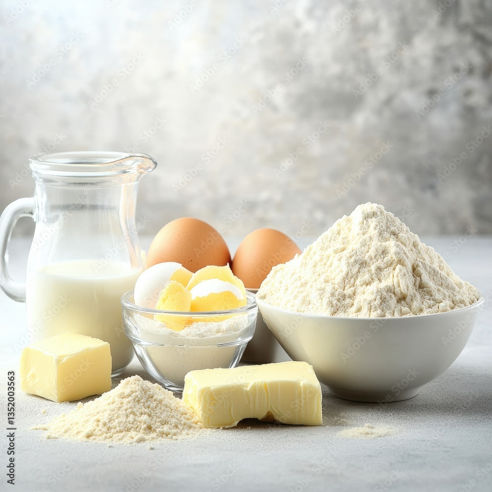 Baking ingredients displayed on a gray surface Baking ingredients displayed on a gray surface