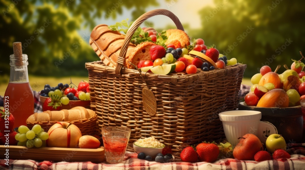A basket of fruit and bread is on a table A basket of fruit and bread is on a table