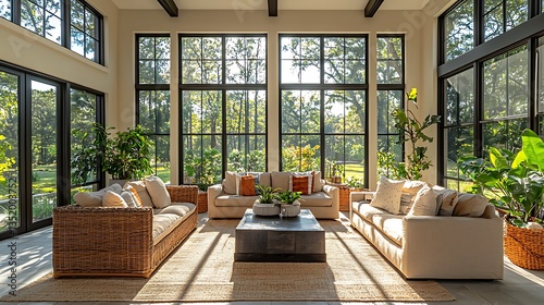 Sunlit Modern Living Room with Large Windows Beige Sofa and Wicker Accents