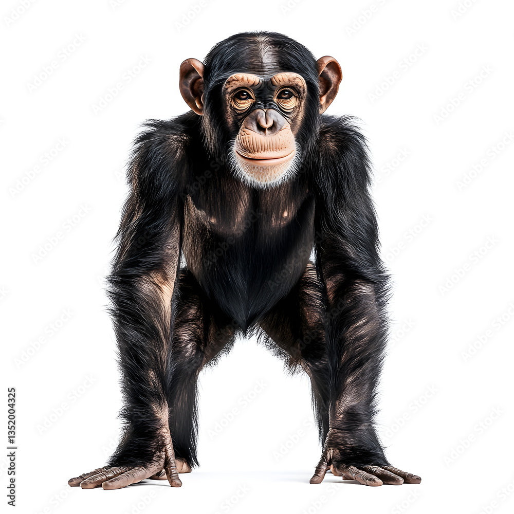 Fototapeta premium A sturdy, well-muscled chimpanzee with a dark brown-black coat and broad face stands in a realistic side-view portrait, full body on a white background, with dark expressive eyes and a calm, intellige