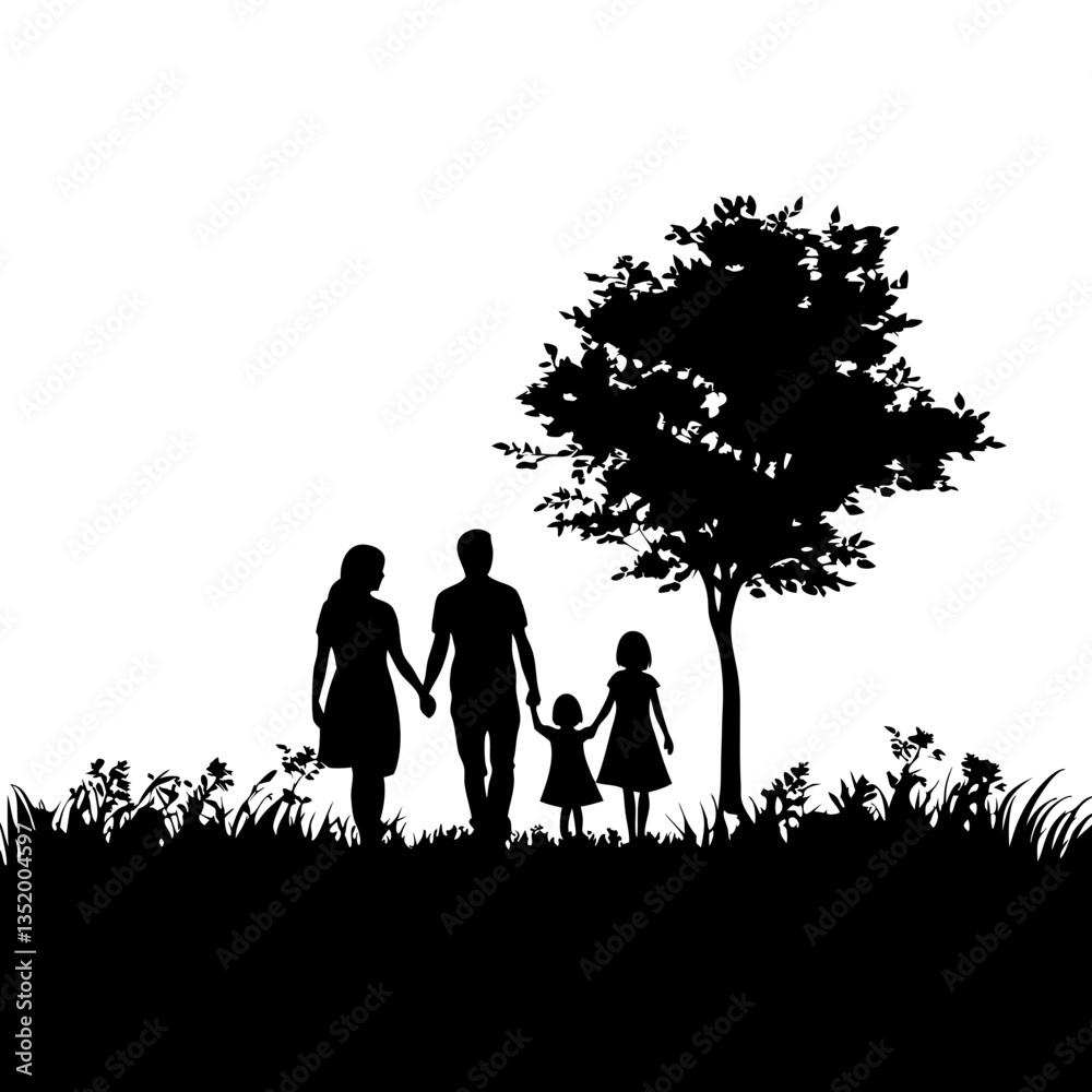 Family Walking Silhouette Vector with Tree and Nature Theme Family Walking Silhouette Vector with Tree and Nature Theme