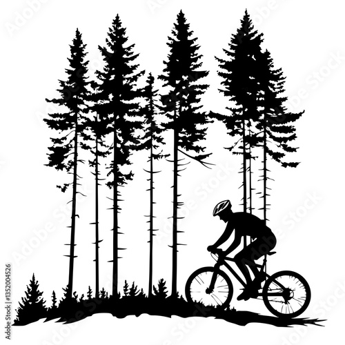 Cyclist Mountain Biking Silhouette in Forest Vector Illustration for Outdoor Adventure Design