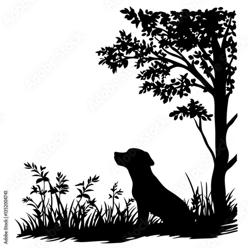 Silhouette of Dog Sitting Under Tree in Nature Scene for Art Projects