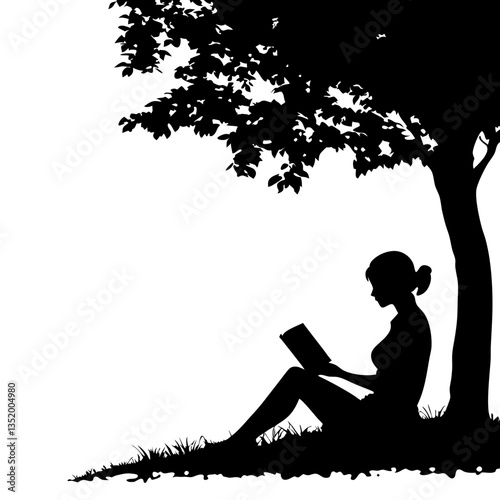 Woman Reading Book Under Tree Silhouette Vector for Relaxation Themes