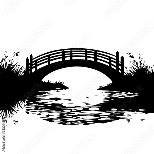 Silhouette Wooden Bridge Over Serene River Vector Illustration for Designs